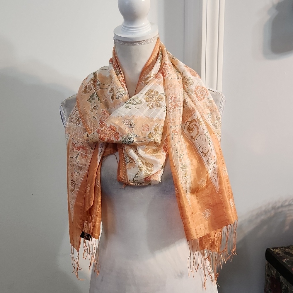 Batik Keris Elegant Orange Floral Patterned Scarf